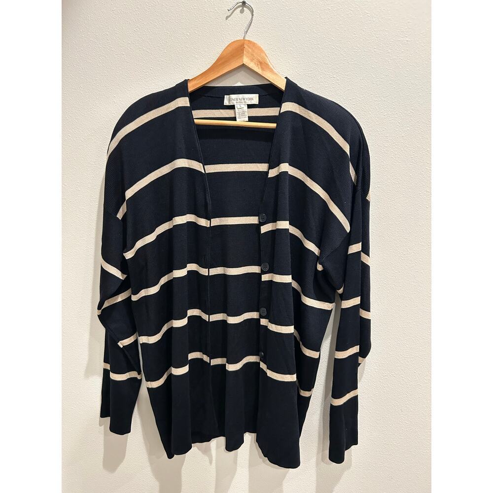 Jones New York Silk/Wool Blend striped navy v beck button down cardigan SZ L - Picture 3 of 6